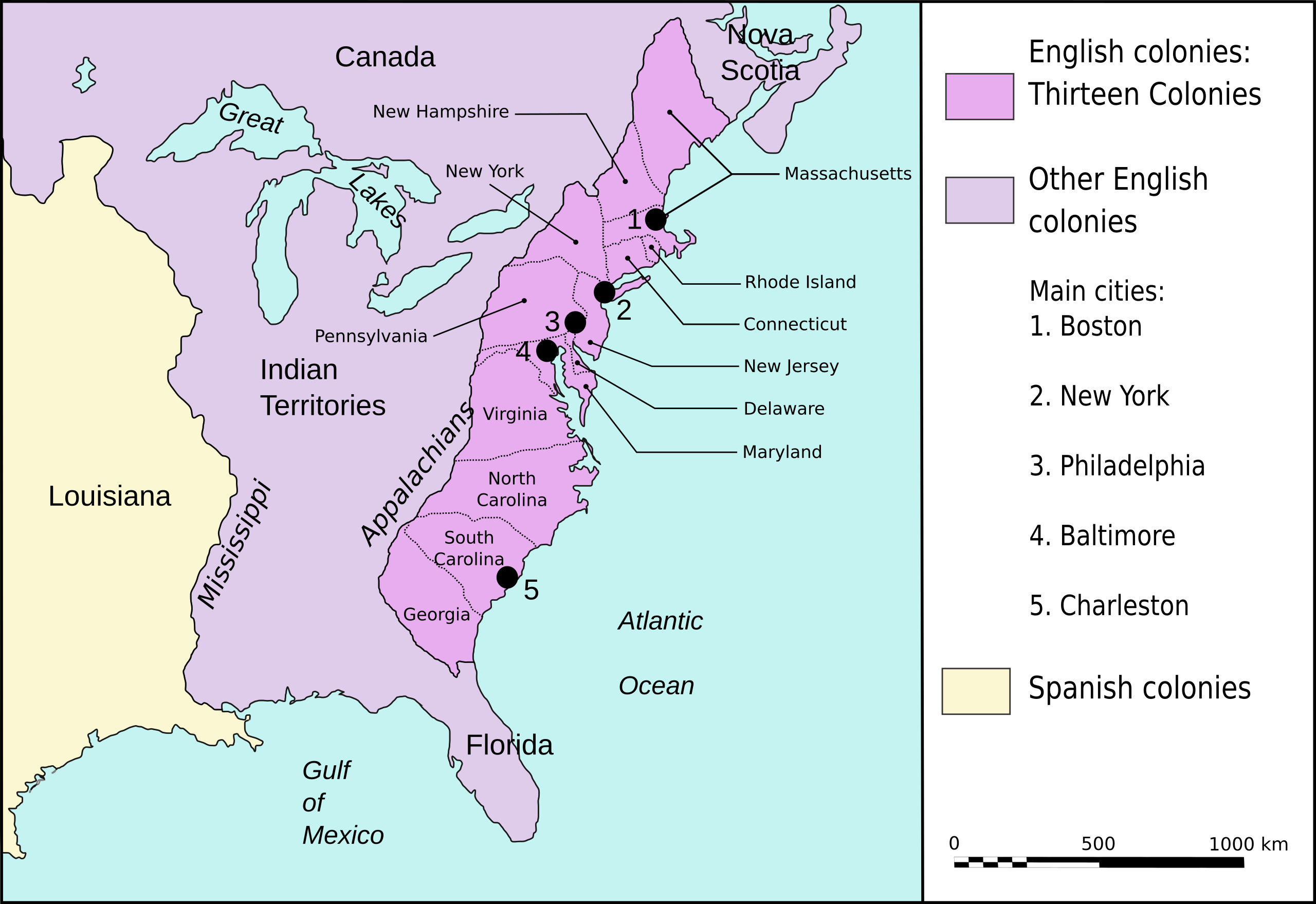 Historical map showing the original 13 American colonies along the Atlantic coast