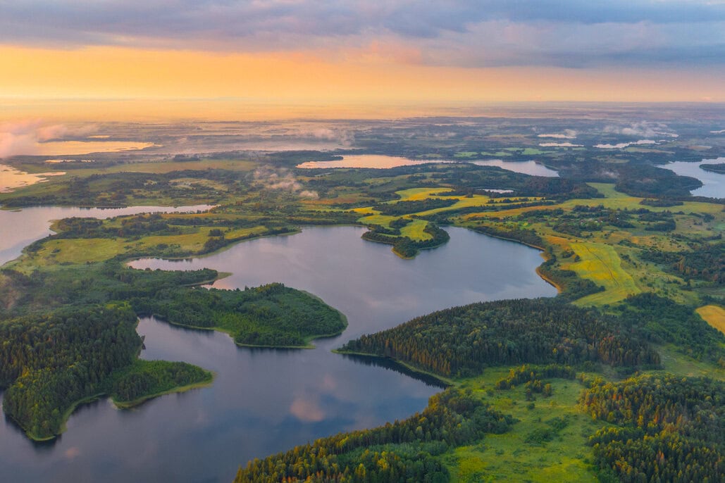 Aerial view of Minnesota's numerous lakes surrounded by forests