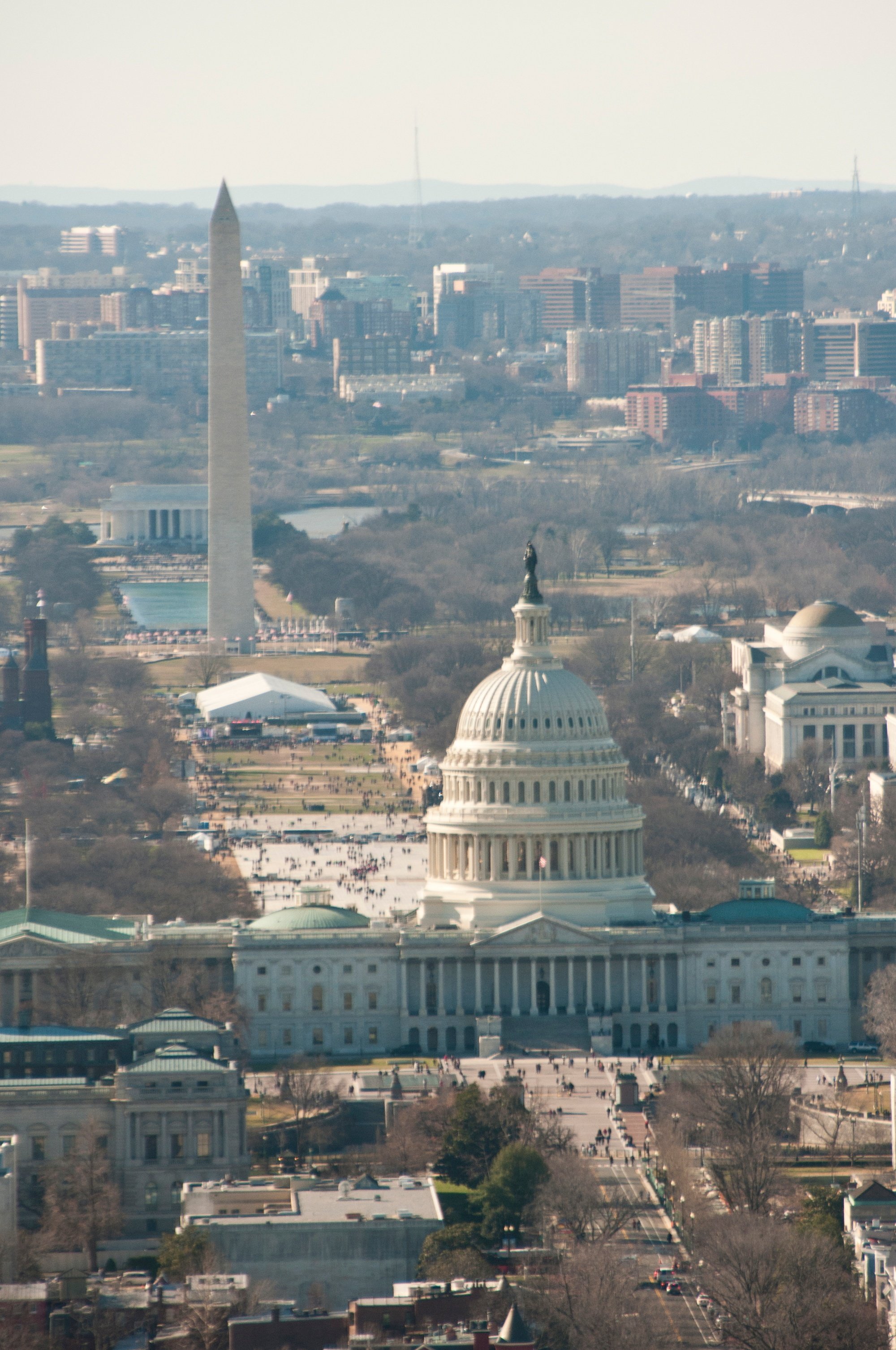 Aerial view of Washington D.C. showing the National Mall and Capitol Building