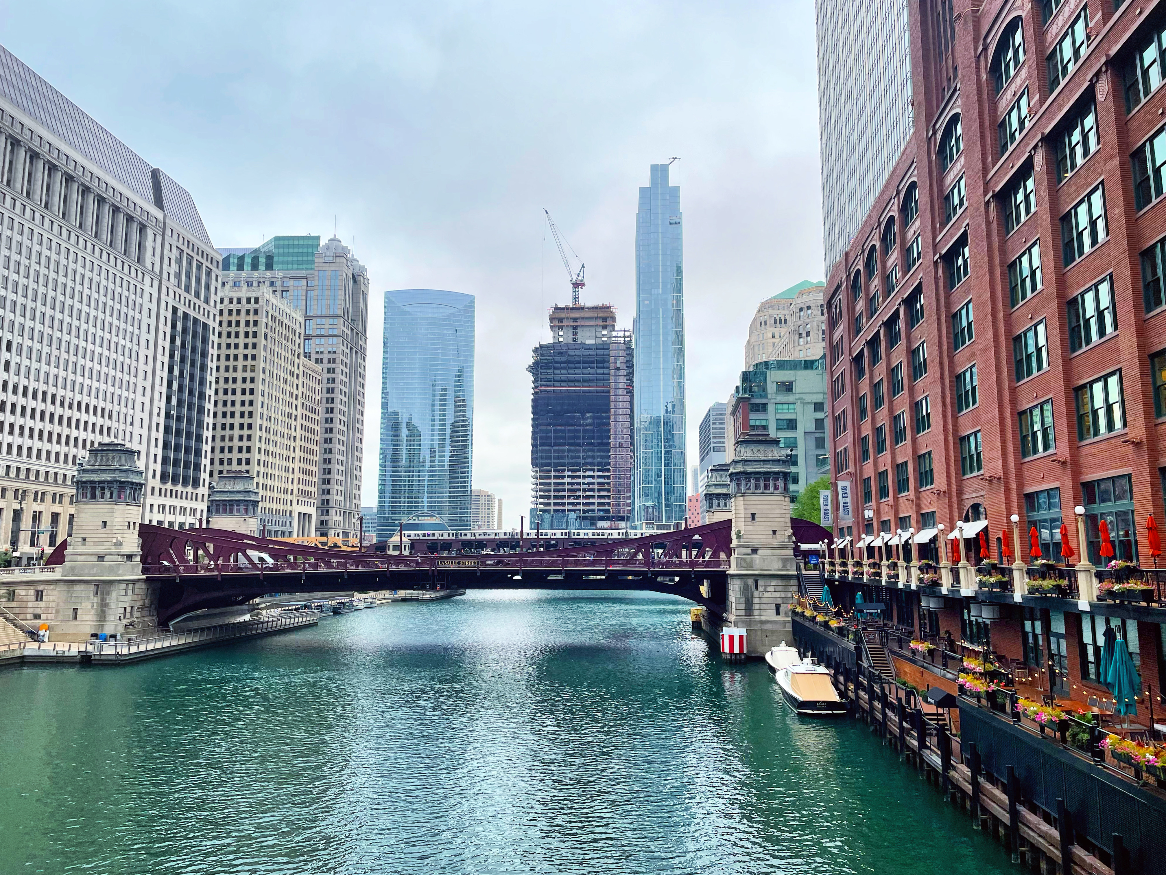 Chicago skyline with flags blowing in strong winds