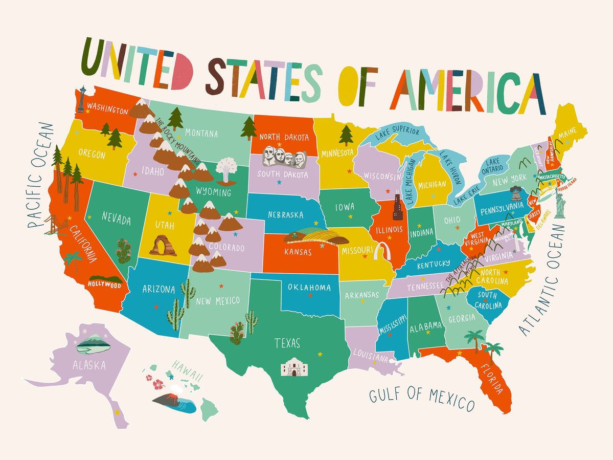 Us map showing all 50 states Colorful map of United States showing all 50 states with their names