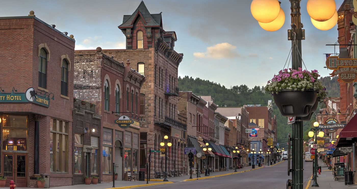 Historic Main Street in Deadwood, South Dakota with preserved Old West architecture