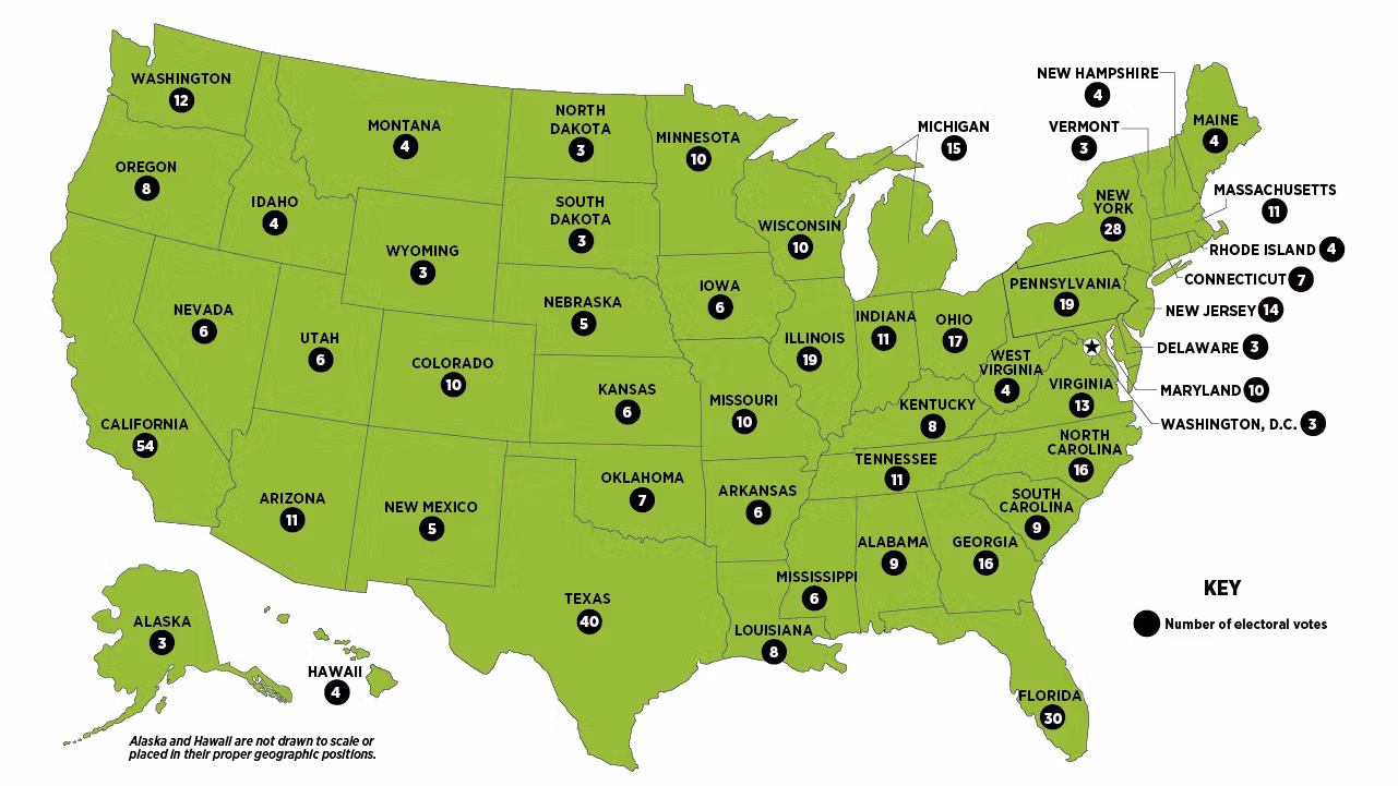 Map of the United States showing electoral college votes by state