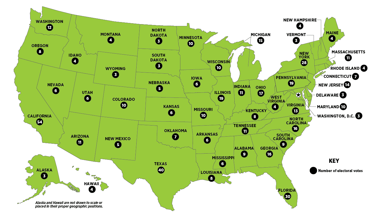 Map of the United States showing electoral college votes by state