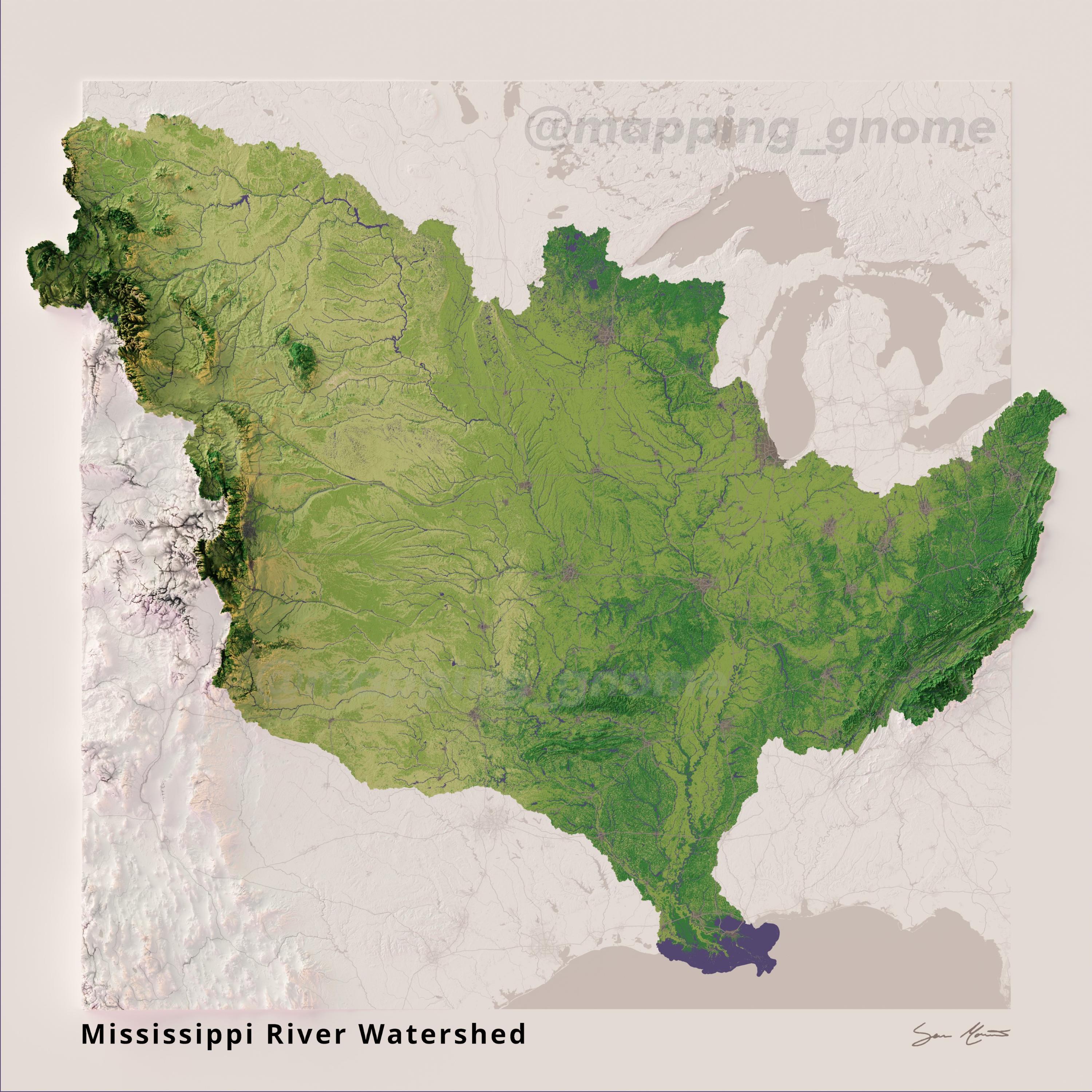 Aerial view of the vast Mississippi River basin showing its extensive network of rivers and tributaries