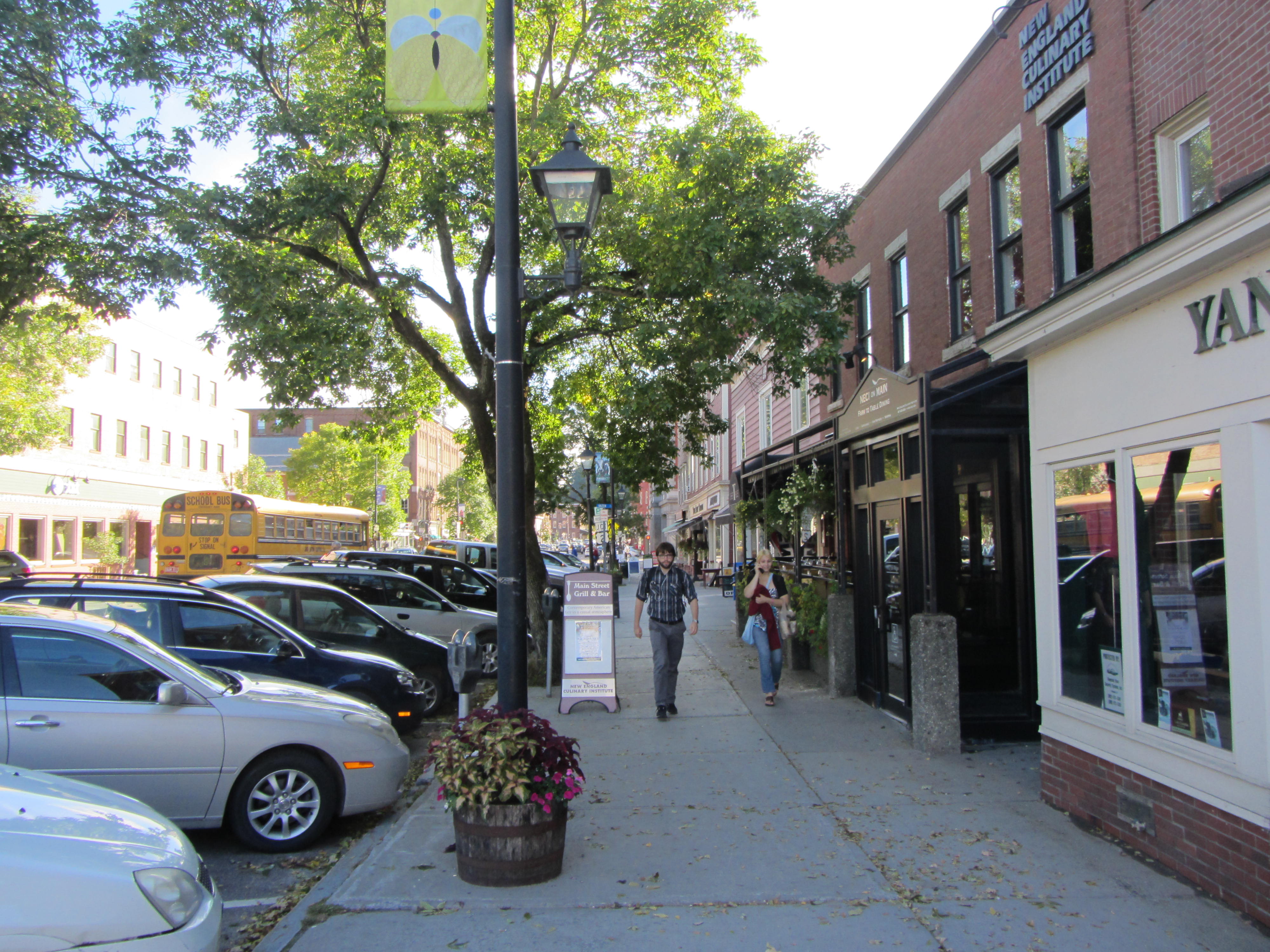 Downtown Montpelier, Vermont with the gold-domed State House visible among trees