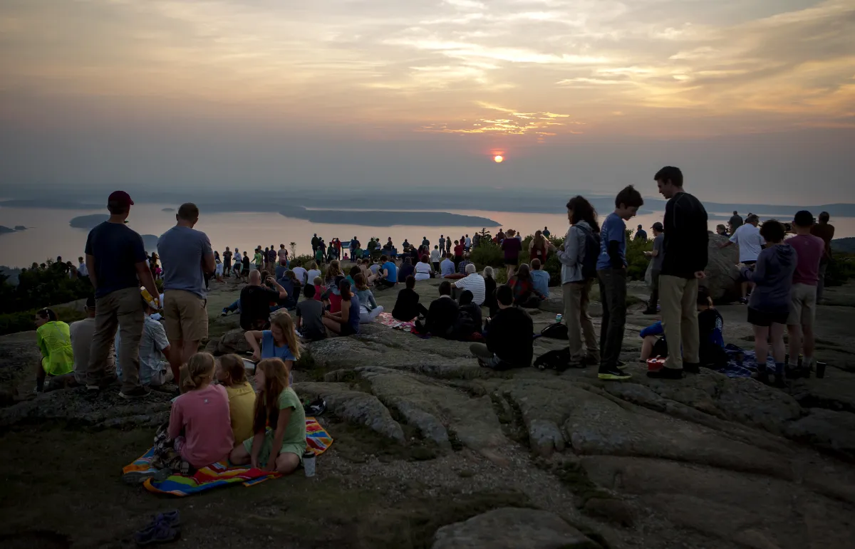 Sunrise over Frenchman Bay from Cadillac Mountain, above Bar Harbor, Maine