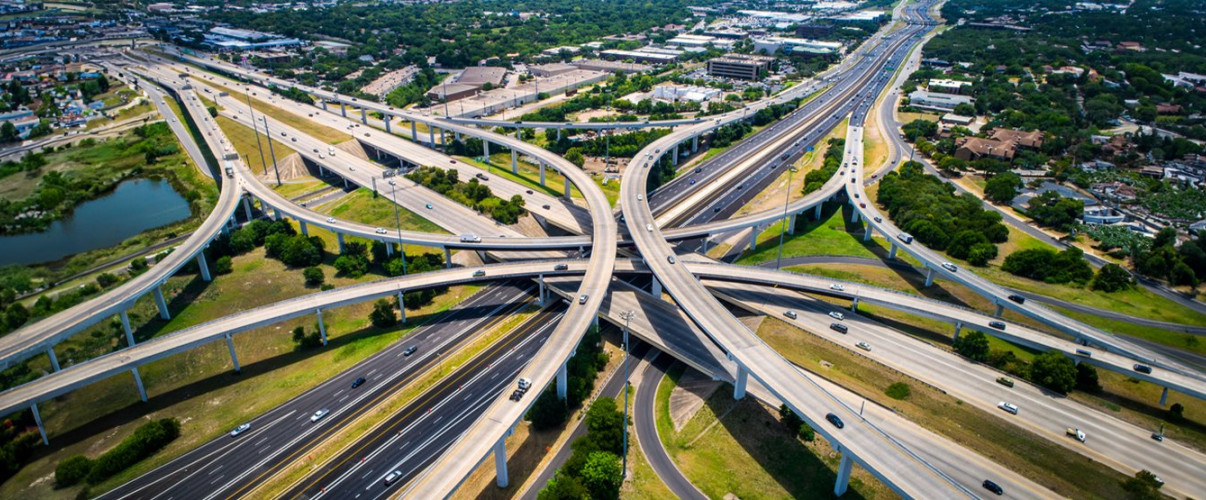 Aerial view of multiple interstate highway lanes intersecting
