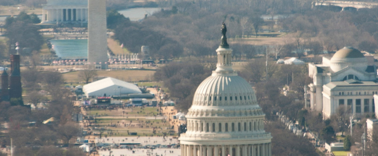 Aerial view of Washington D.C. showing the National Mall and Capitol Building