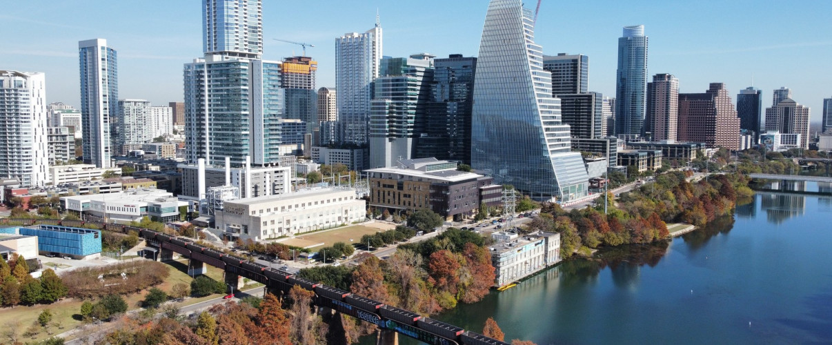 Tech hub downtown skyline Downtown skyline of a major tech hub with modern office buildings