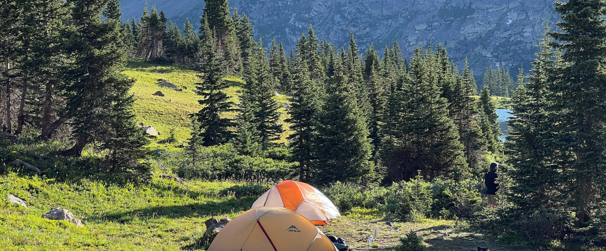 Peaceful tent campsite in a secluded forest clearing at sunrise