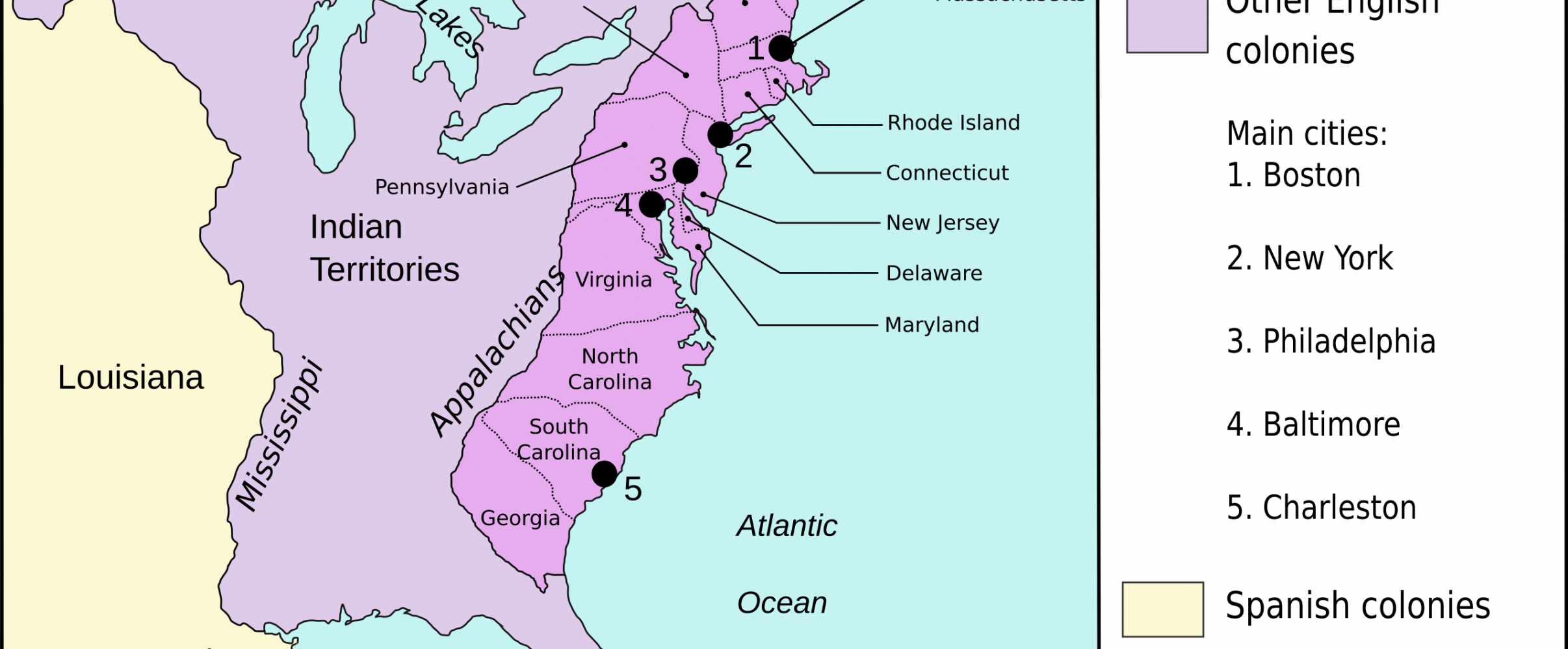 13 original colonies map Historical map showing the original 13 American colonies along the Atlantic coast