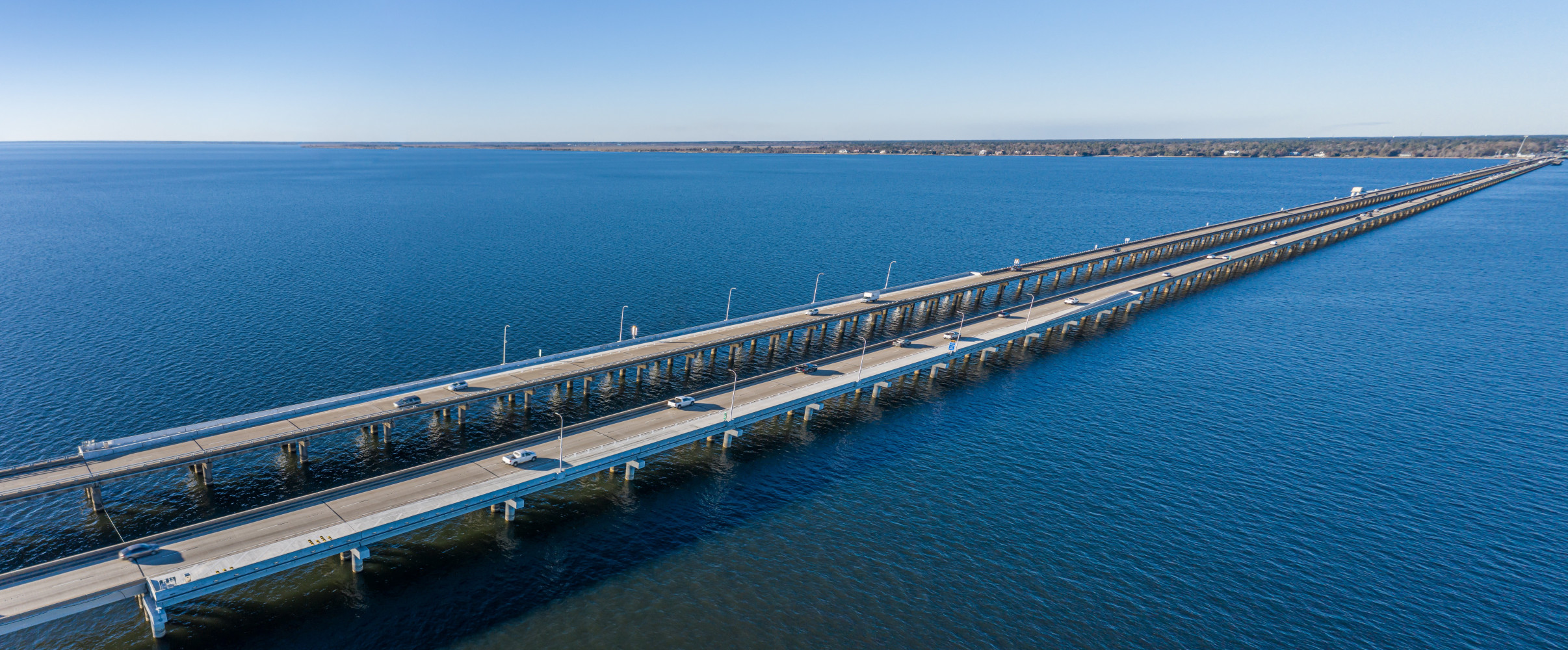 Aerial view of Lake Pontchartrain Causeway spanning across water