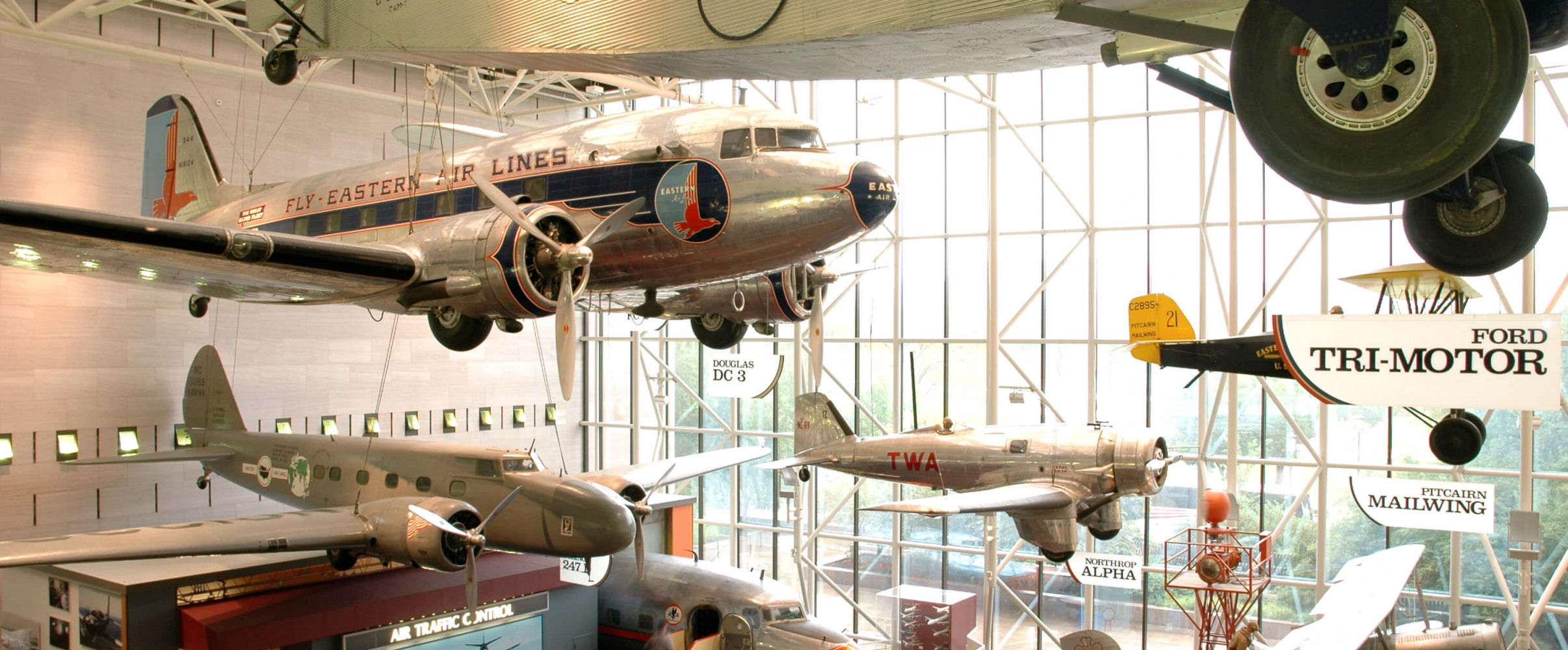 Exterior view of the National Air and Space Museum in Washington DC with visitors entering