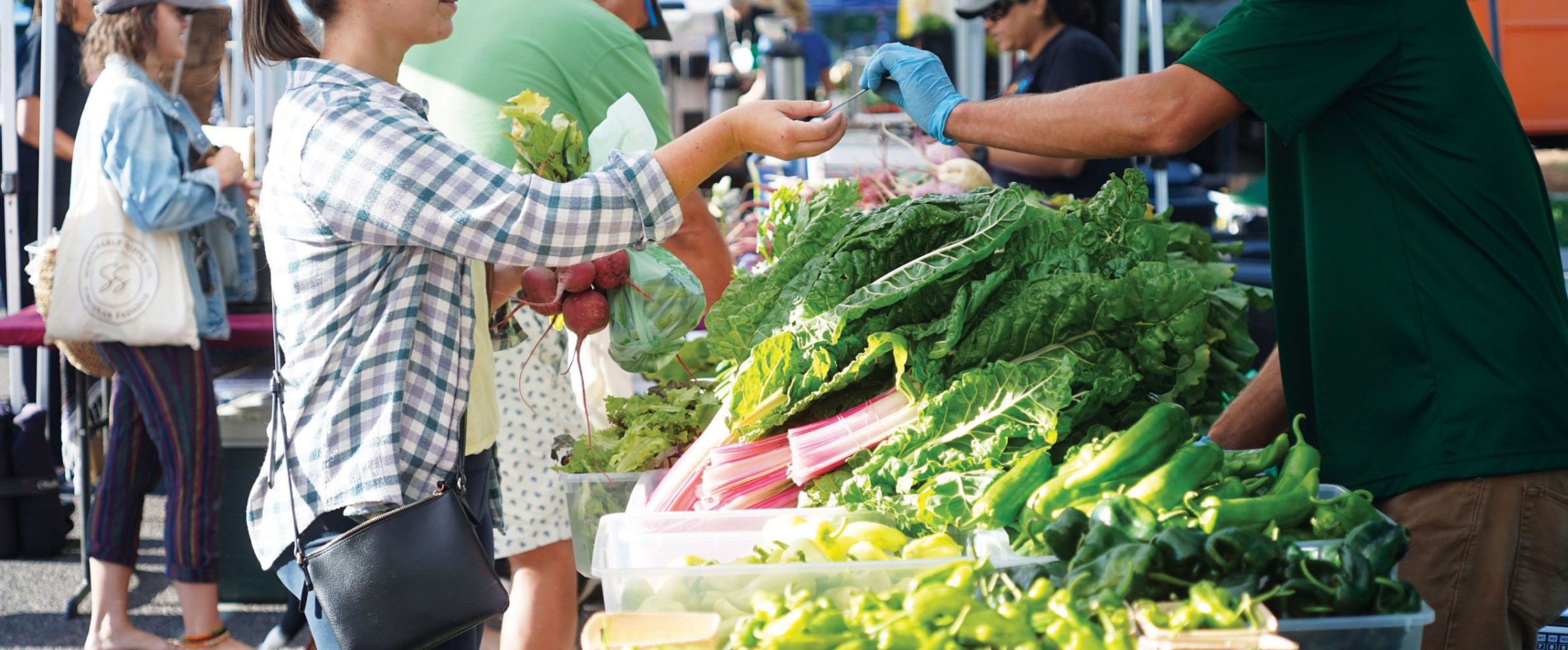 Vibrant farmers market with fresh produce displayed at outdoor stalls