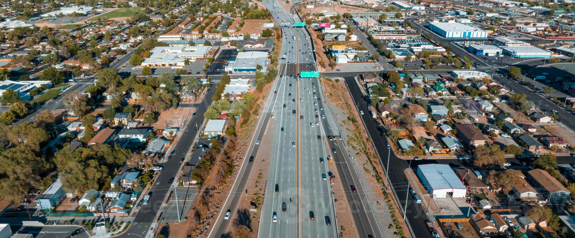 Aerial view of multiple interstate highway lanes intersecting