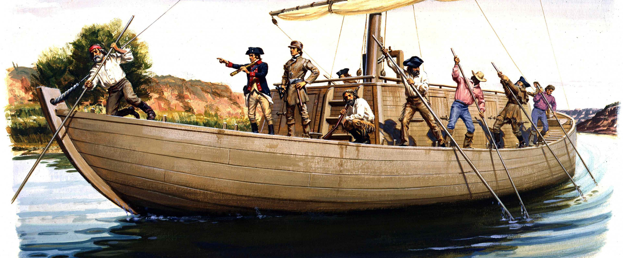 Lewis and Clark Expedition Historical painting depicting Lewis and Clark with their expedition team crossing a river in the American wilderness