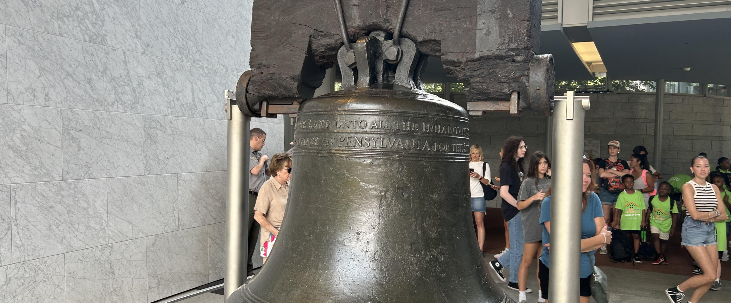Close-up view of the famous crack in the Liberty Bell at Independence National Historical Park