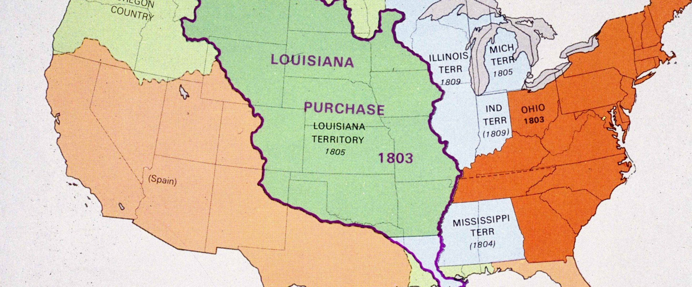 Historical map showing the Louisiana Purchase territory in 1803