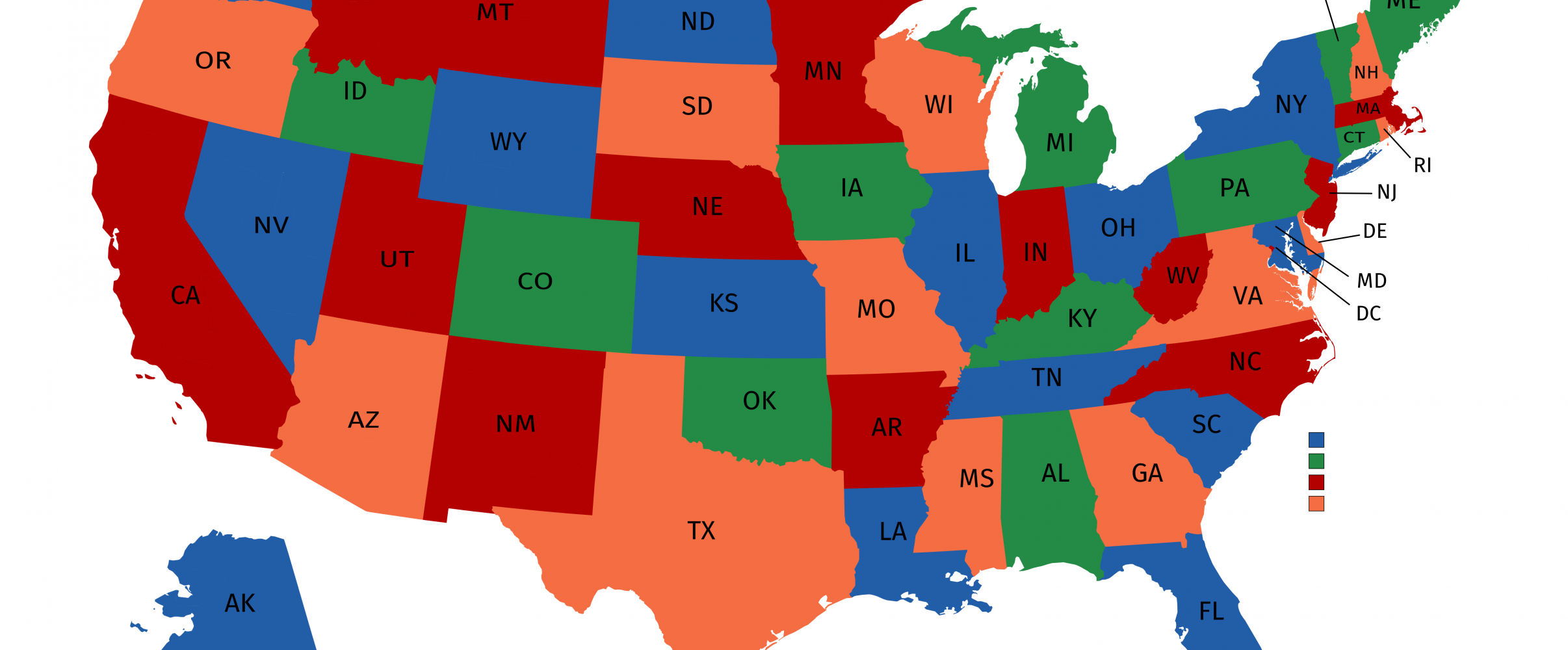 Map highlighting the various panhandle regions of U.S. states