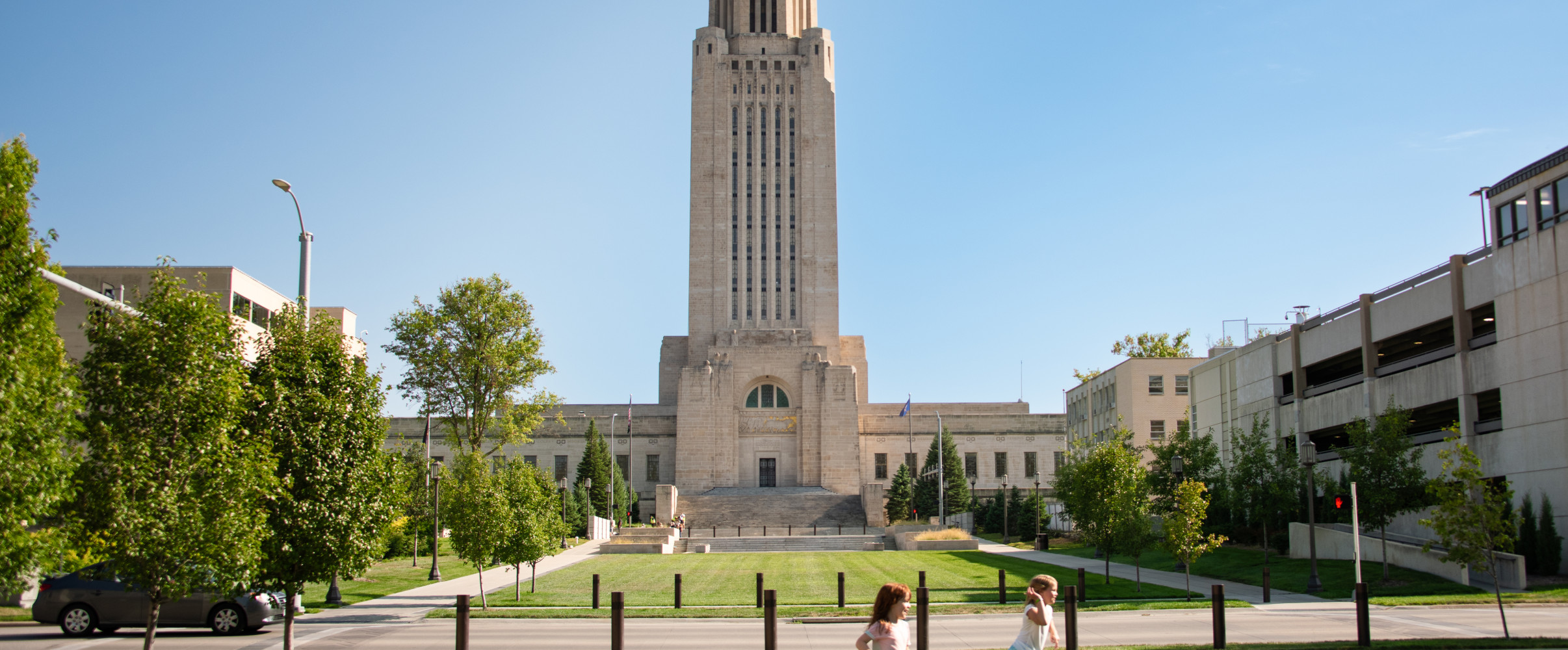 The distinctive Nebraska State Capitol building in Lincoln with its tower and dome