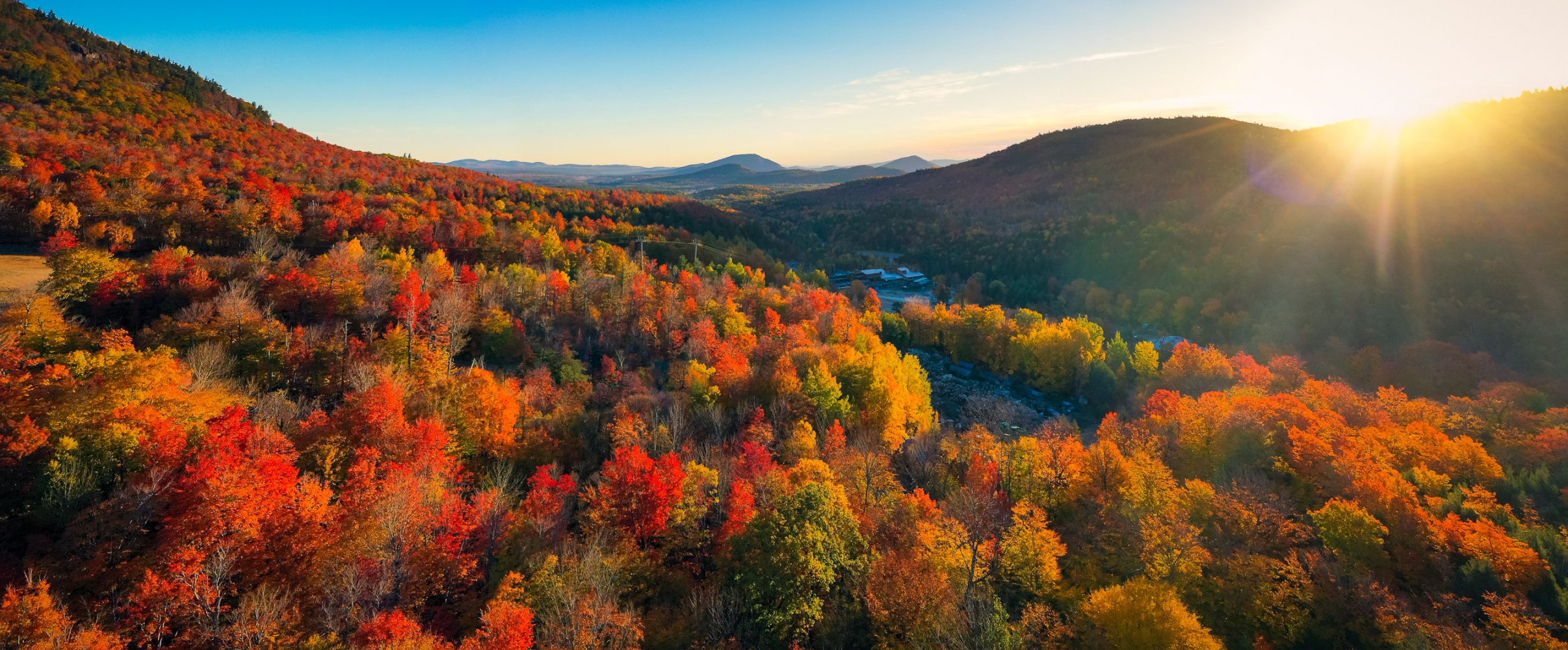 New England fall foliage Vibrant red and orange autumn leaves along a country road in Vermont