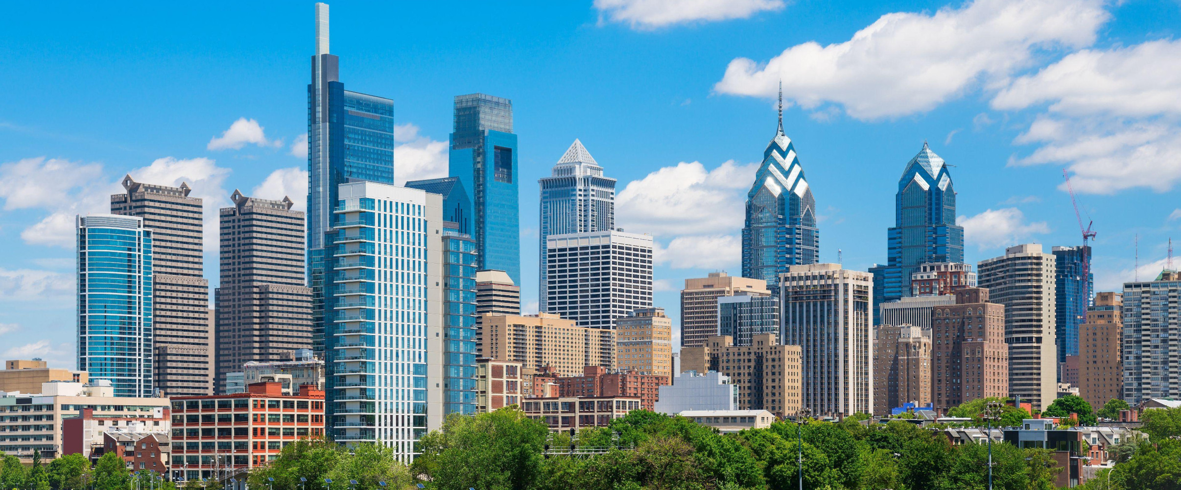 Modern city skyline showing revitalized downtown area with new buildings