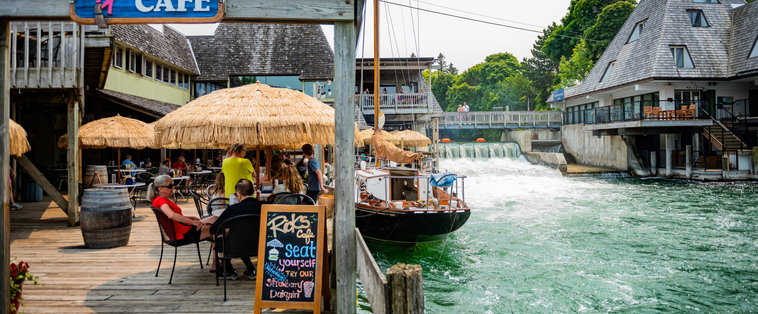 Traverse City Michigan food scene Outdoor dining scene in Traverse City with local cuisine and cherry-based dishes