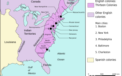 Historical map showing the original 13 American colonies along the Atlantic coast