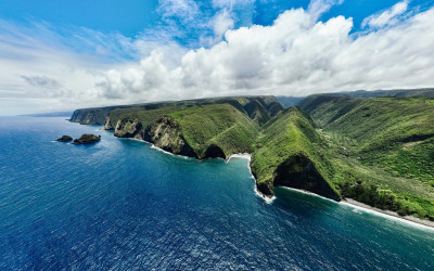 Aerial view of Hawaii's Big Island showing volcanic landscape and coastline