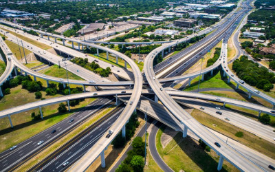 Aerial view of multiple interstate highway lanes intersecting
