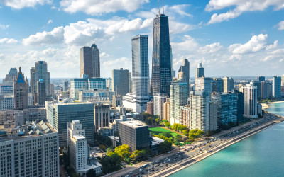 Chicago skyline featuring iconic skyscrapers including Willis Tower
