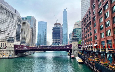 Chicago skyline with flags blowing in strong winds