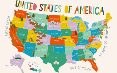 Colorful map of United States showing all 50 states with their names