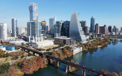 Downtown skyline of a major tech hub with modern office buildings