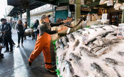 Fishmongers tossing fresh fish at Pike Place Market in Seattle