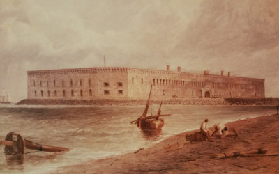 Historical illustration of Fort Sumter under bombardment in Charleston Harbor