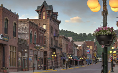 Historic Main Street in Deadwood, South Dakota with preserved Old West architecture