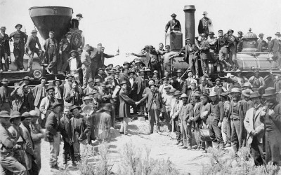 Historic photograph of the Golden Spike ceremony at Promontory Summit, Utah, 1869