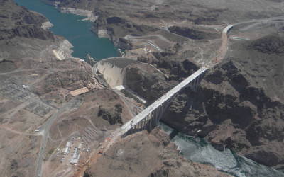 Aerial view of the massive Hoover Dam spanning the Colorado River between Nevada and Arizona
