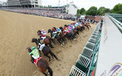 Thoroughbred horses racing at Churchill Downs during the Kentucky Derby