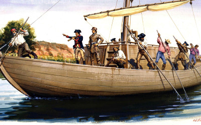 Historical painting depicting Lewis and Clark with their expedition team crossing a river in the American wilderness