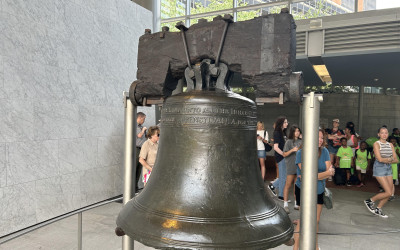 Close-up view of the famous crack in the Liberty Bell at Independence National Historical Park