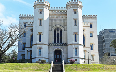 Towering Louisiana State Capitol building in Baton Rouge with its distinctive art deco design