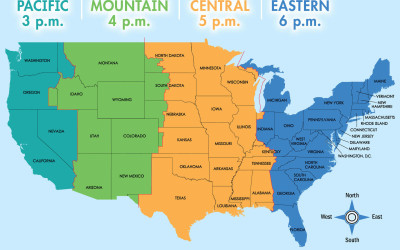 Map showing the different time zones across the United States with state boundaries