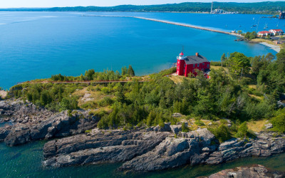 Aerial view of Michigan's Upper and Lower Peninsulas connected by the Mackinac Bridge