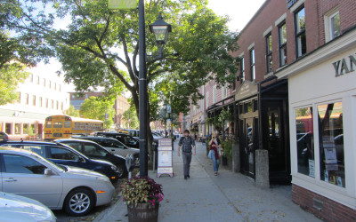 Downtown Montpelier, Vermont with the gold-domed State House visible among trees