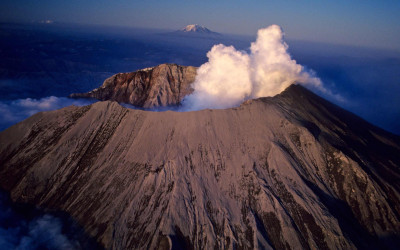 Steam rising from Mount St Helens volcano crater in Washington state