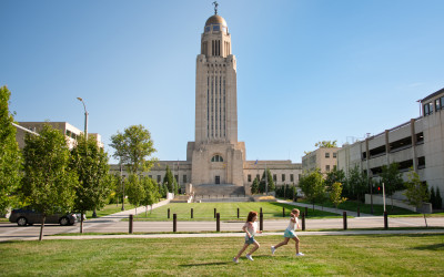 The distinctive Nebraska State Capitol building in Lincoln with its tower and dome