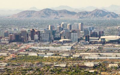 Downtown Phoenix skyline with heat waves visible over the desert landscape